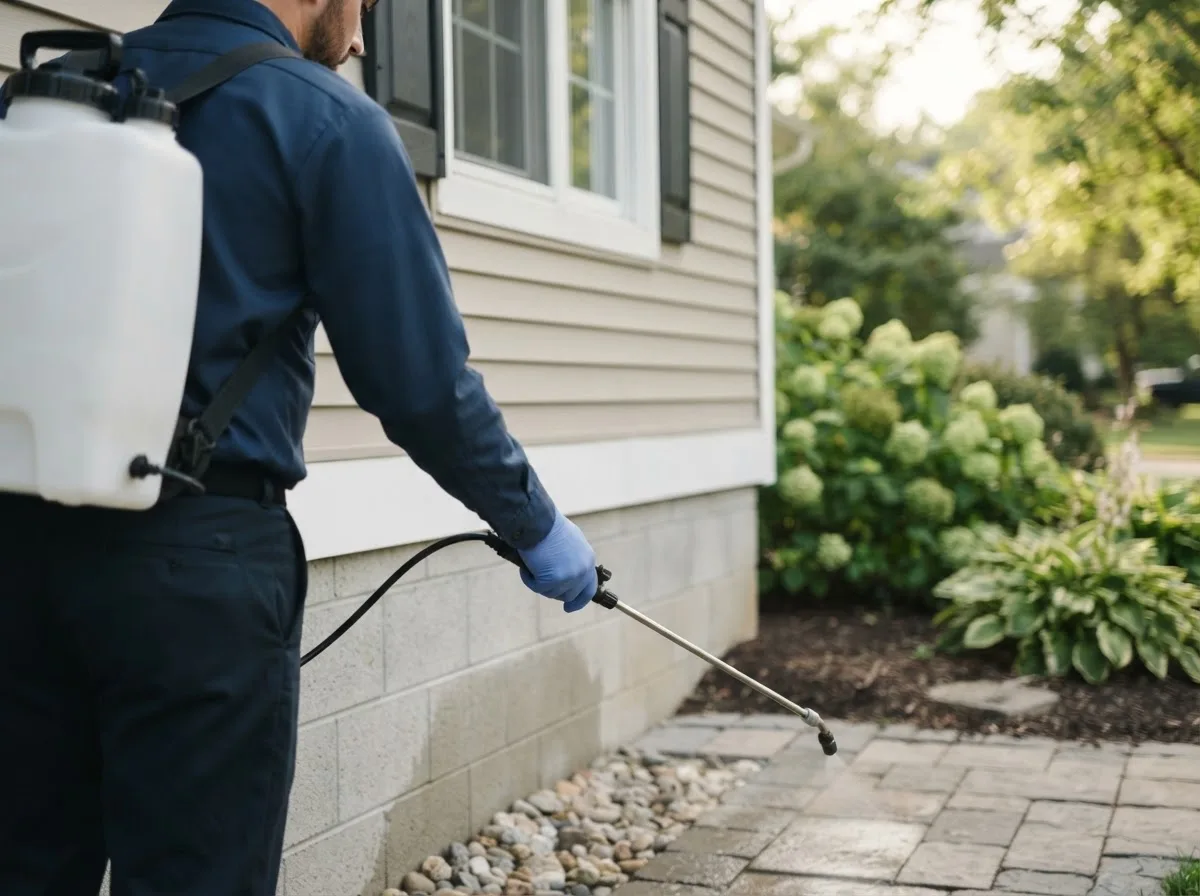 Pest control technician inspecting a home in Jones, OK